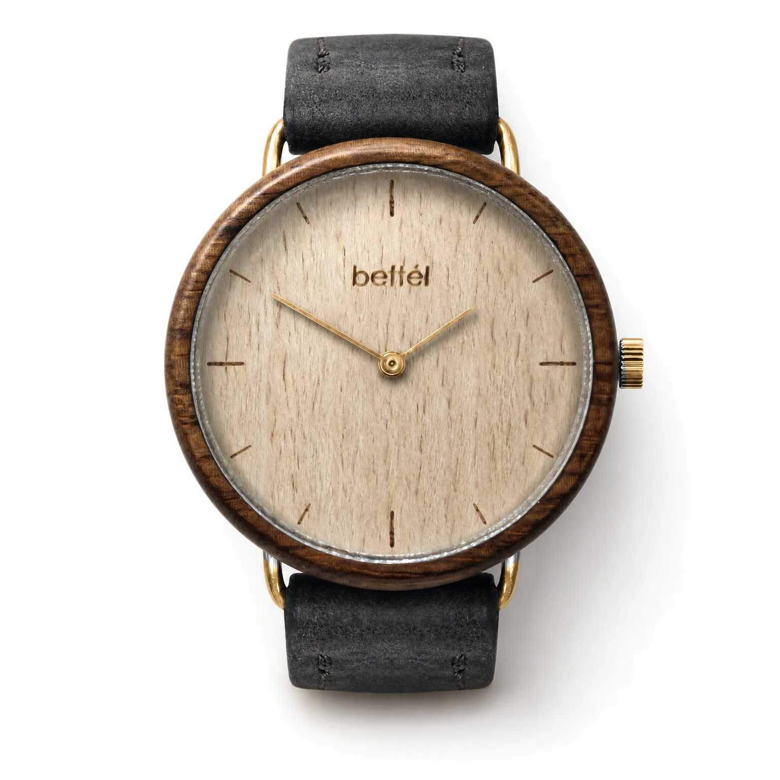 Acorn Beech, gold metal, black strap — handmade wooden watch by Bettél