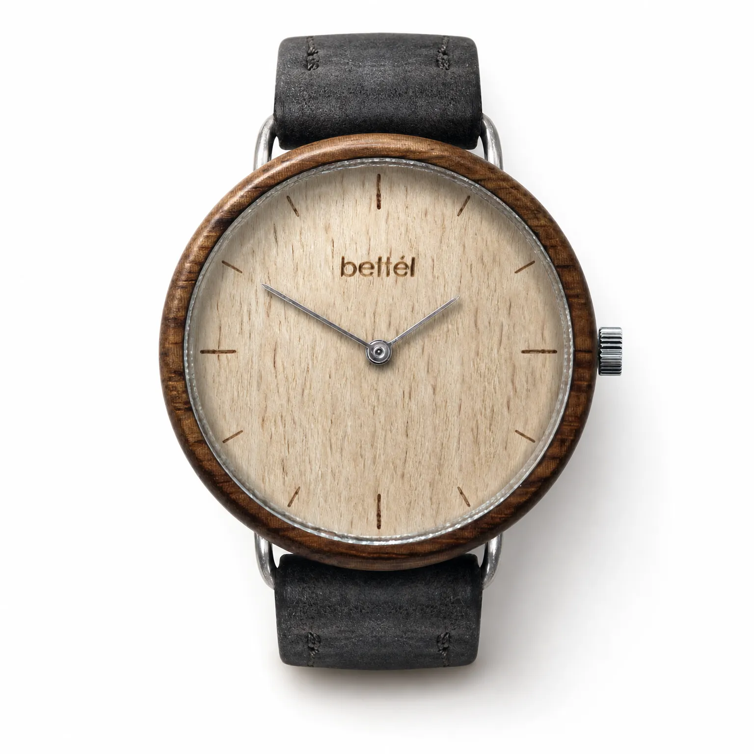 Acorn Beech, silver metal, black strap — handmade wooden watch by Bettél