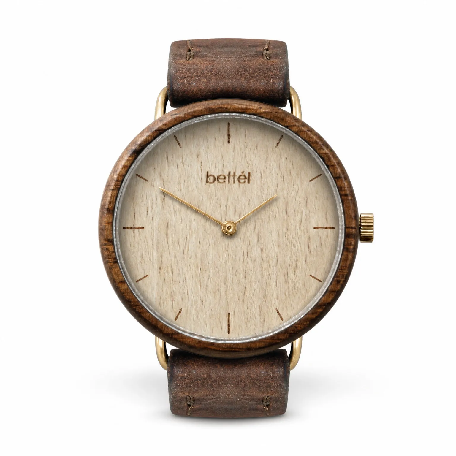 Acorn Beech, gold metal, brown strap — handmade wooden watch by Bettél