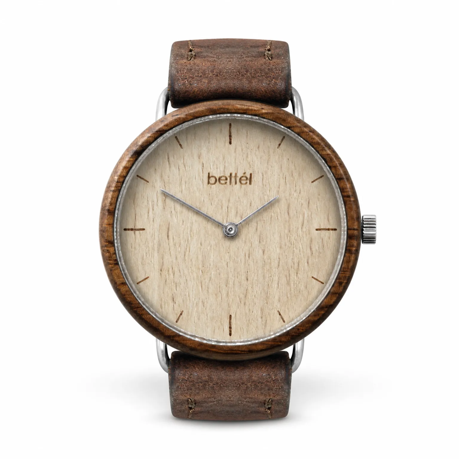 Acorn Beech, silver metal, brown strap — handmade wooden watch by Bettél