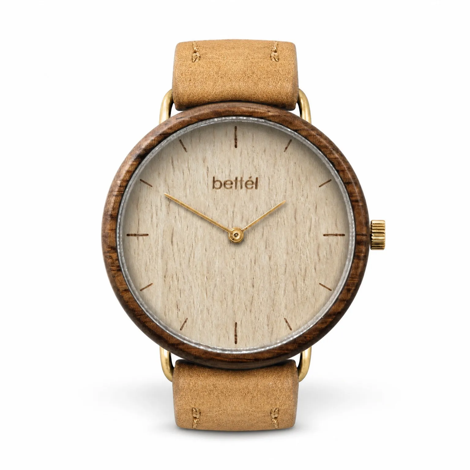 Acorn Beech — 36 mm · White beech · Gold · Tan strap — handmade by Bettél in Cape Town