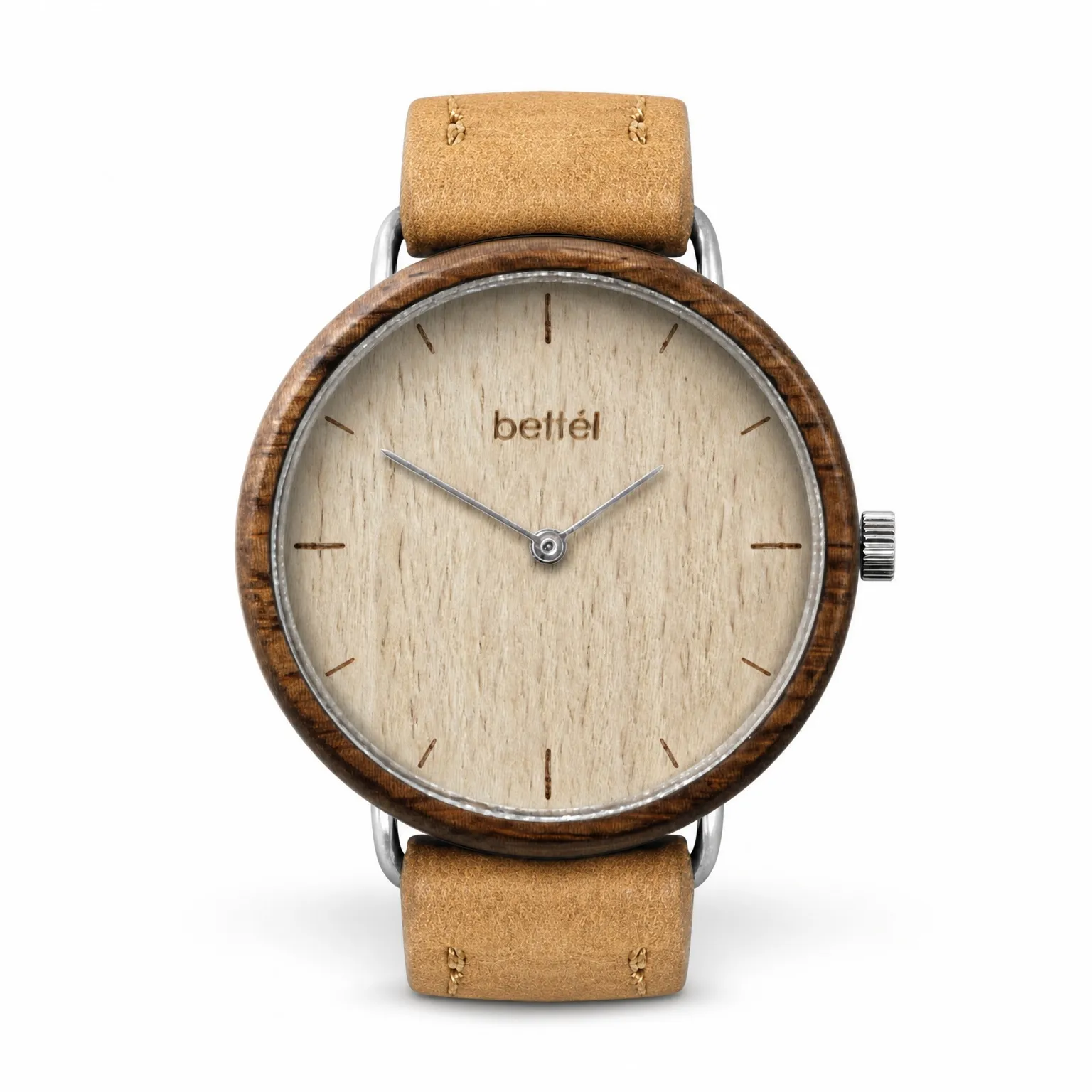 Acorn Beech, silver metal, tan strap — handmade wooden watch by Bettél