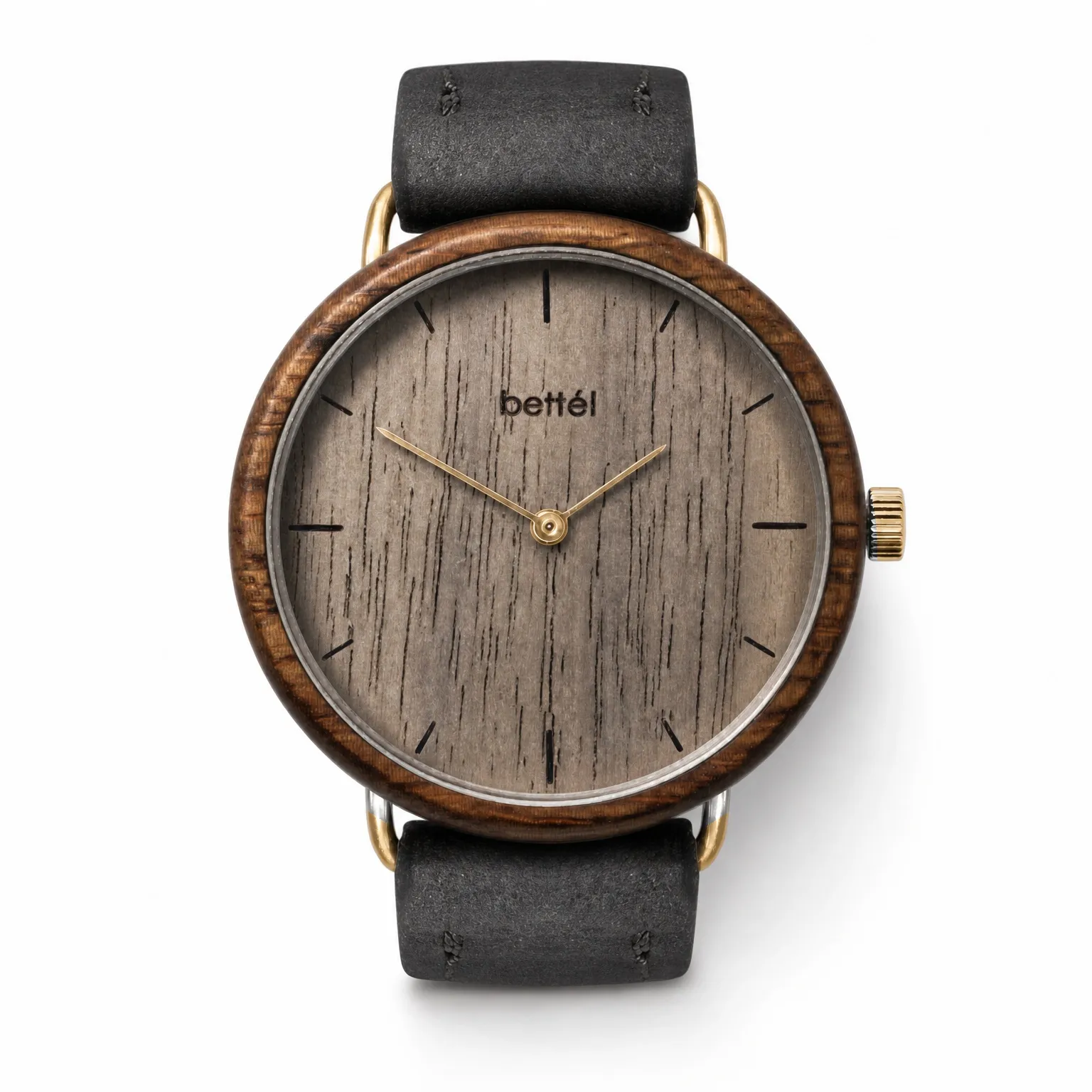 Acorn Walnut, gold metal, black strap — handmade wooden watch by Bettél