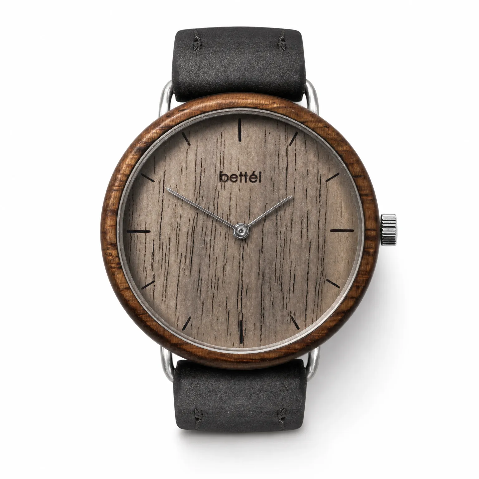 Acorn Walnut, silver metal, black strap — handmade wooden watch by Bettél
