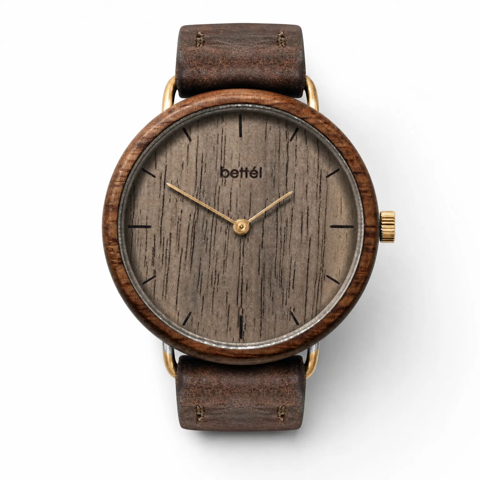 Acorn Walnut, gold metal, brown strap — handmade wooden watch by Bettél