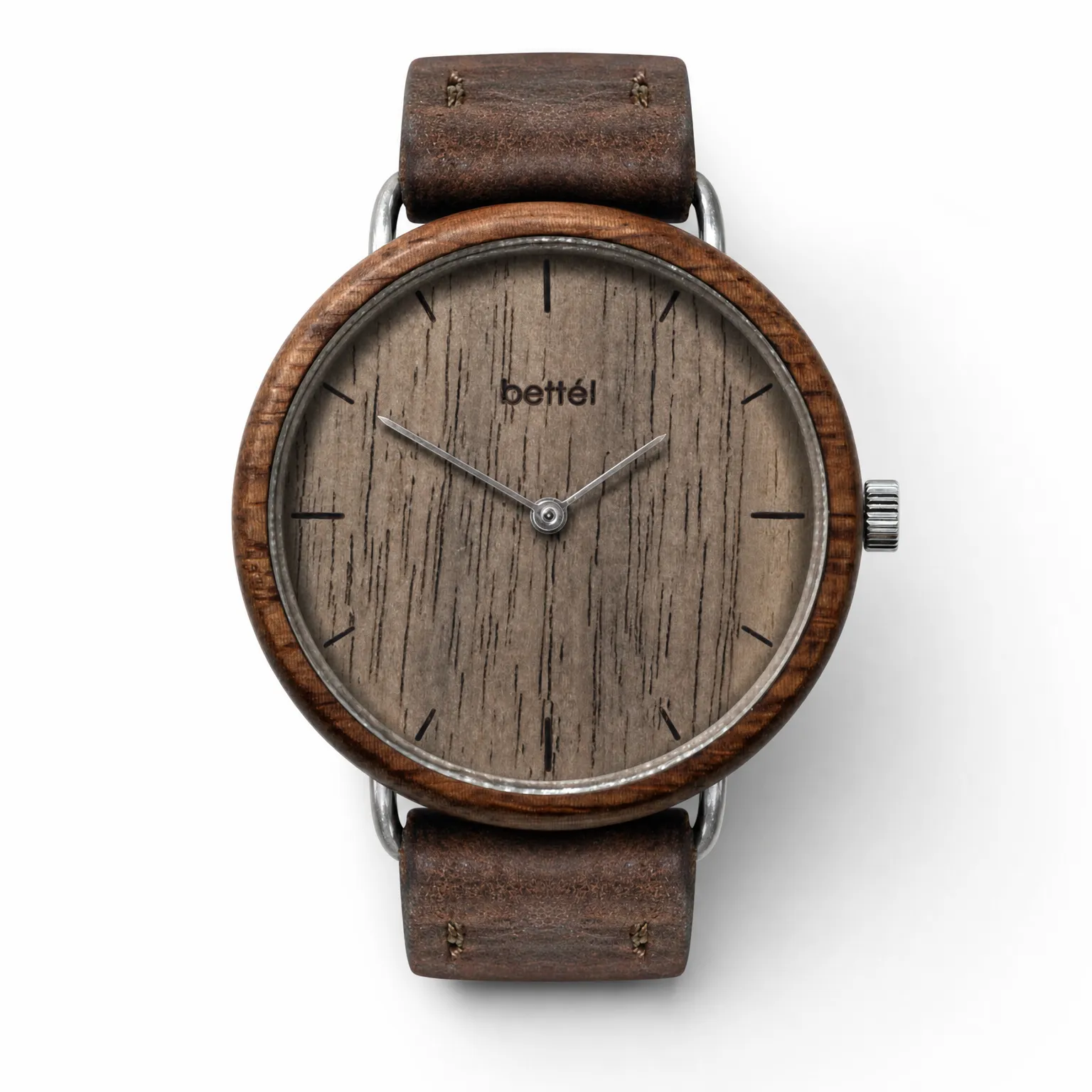 Acorn Walnut, silver metal, brown strap — handmade wooden watch by Bettél