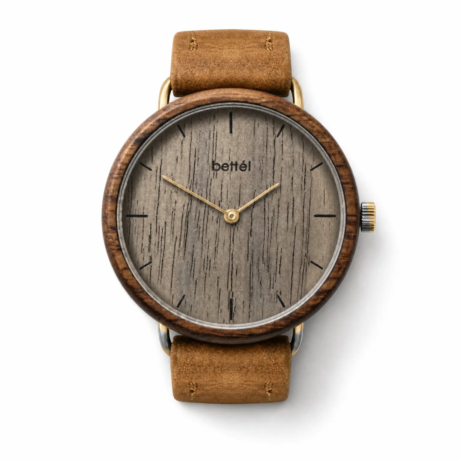 Acorn Walnut, gold metal, tan strap — handmade wooden watch by Bettél
