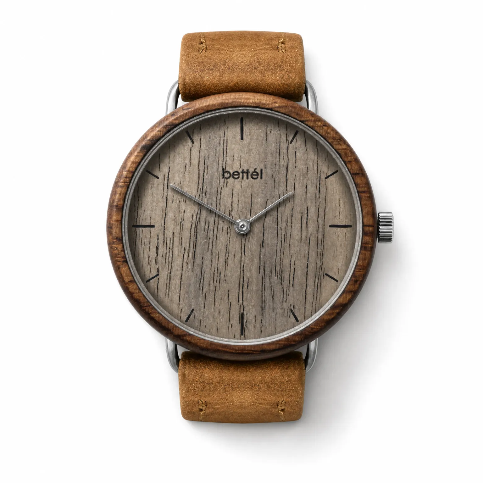 Acorn Walnut, silver metal, tan strap — handmade wooden watch by Bettél