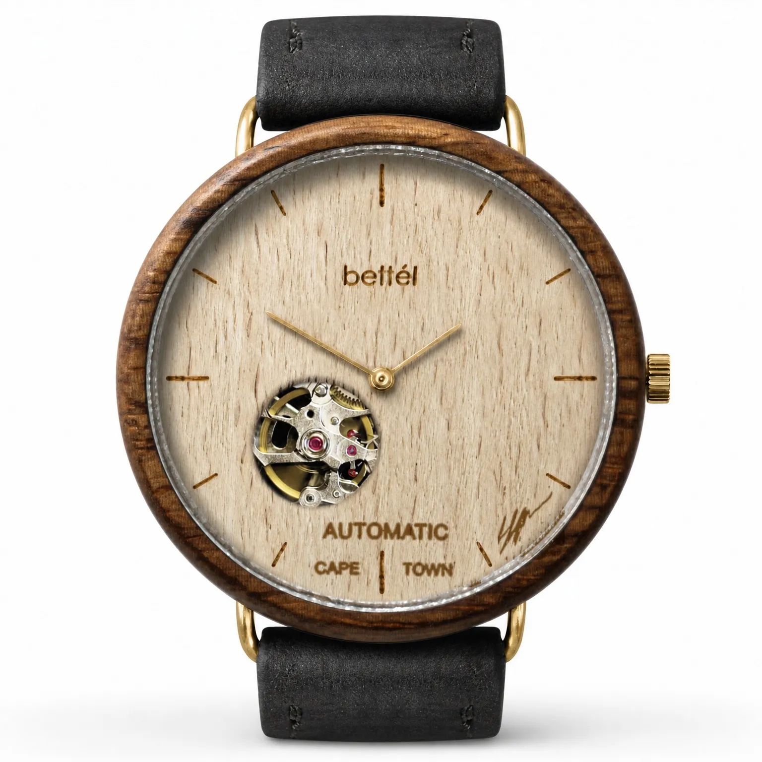 Albatross Automatic Beech, gold metal, black strap — handmade wooden watch by Bettél