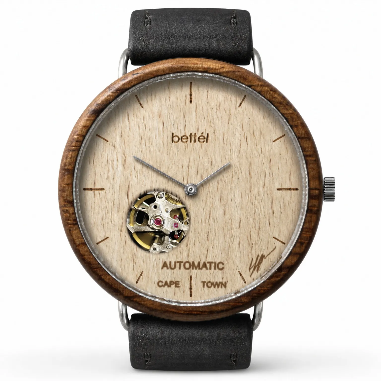 Albatross Automatic Beech, silver metal, black strap — handmade wooden watch by Bettél