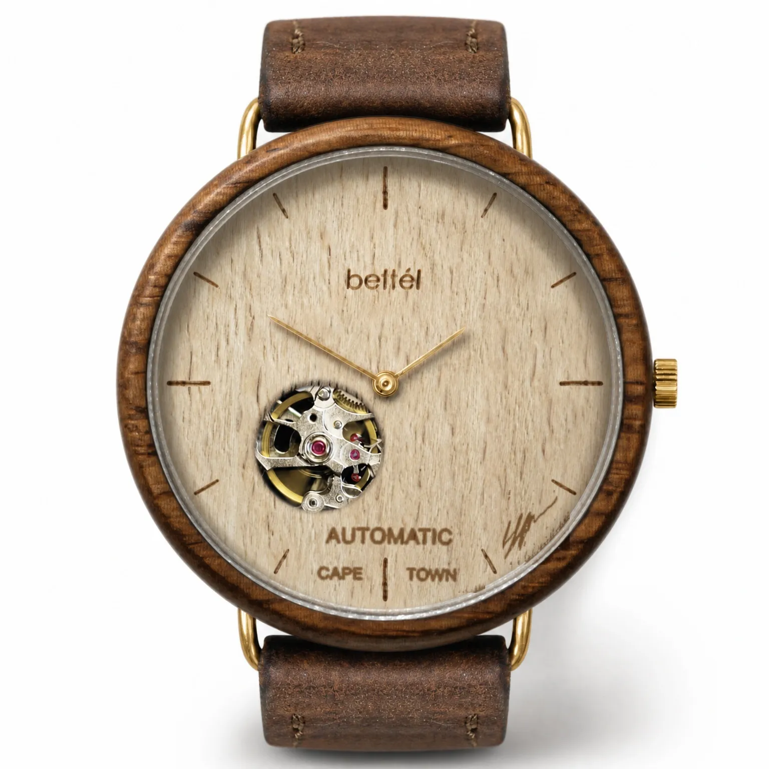 Albatross Automatic Beech, gold metal, brown strap — handmade wooden watch by Bettél