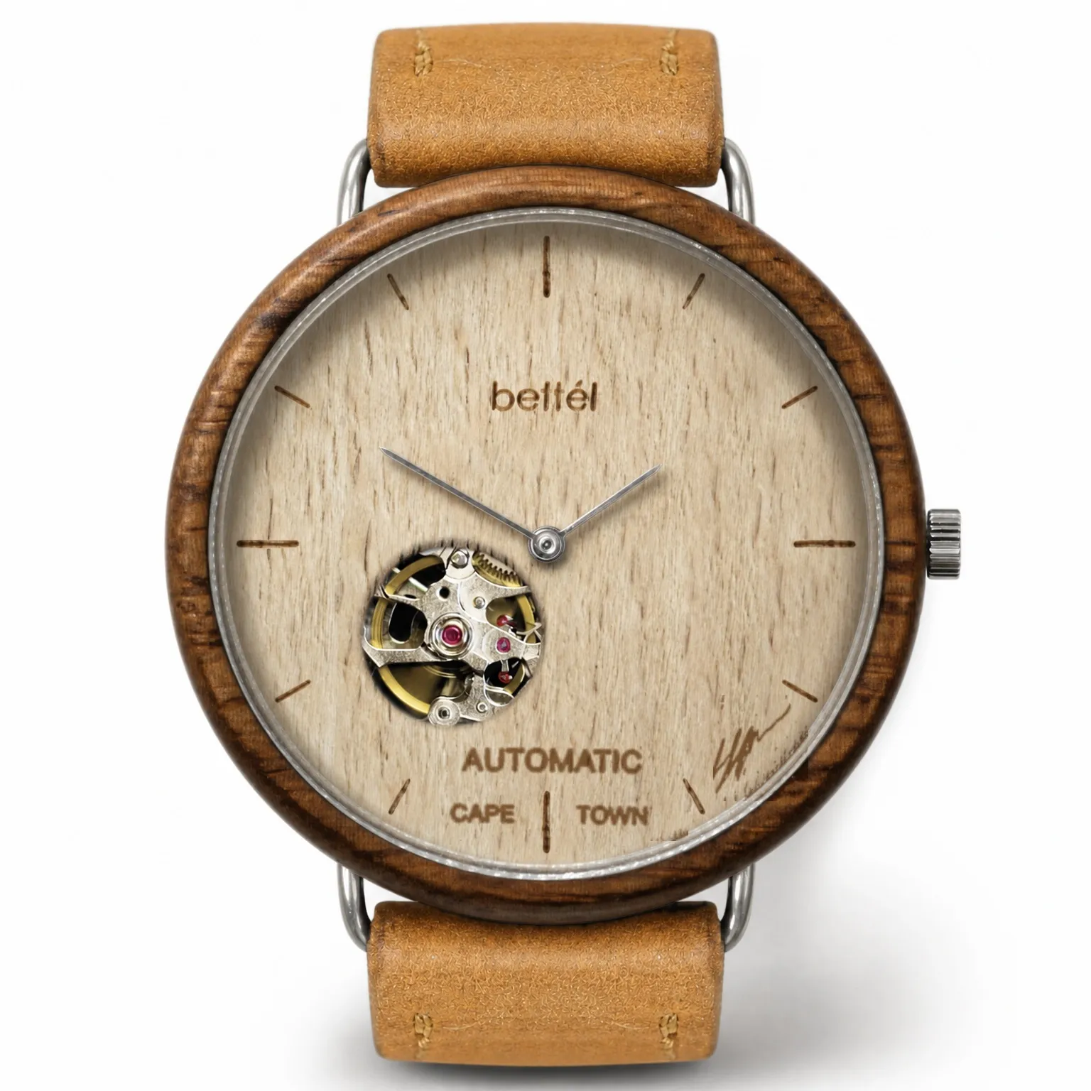 Albatross Automatic Beech, silver metal, tan strap — handmade wooden watch by Bettél