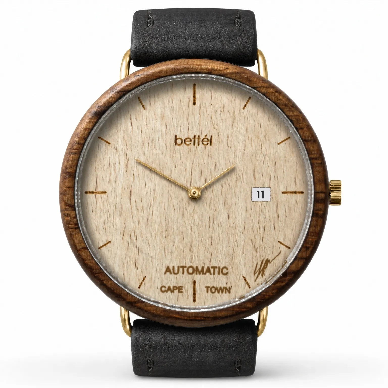 Albatross Automatic Date Beech, gold metal, black strap — handmade wooden watch by Bettél