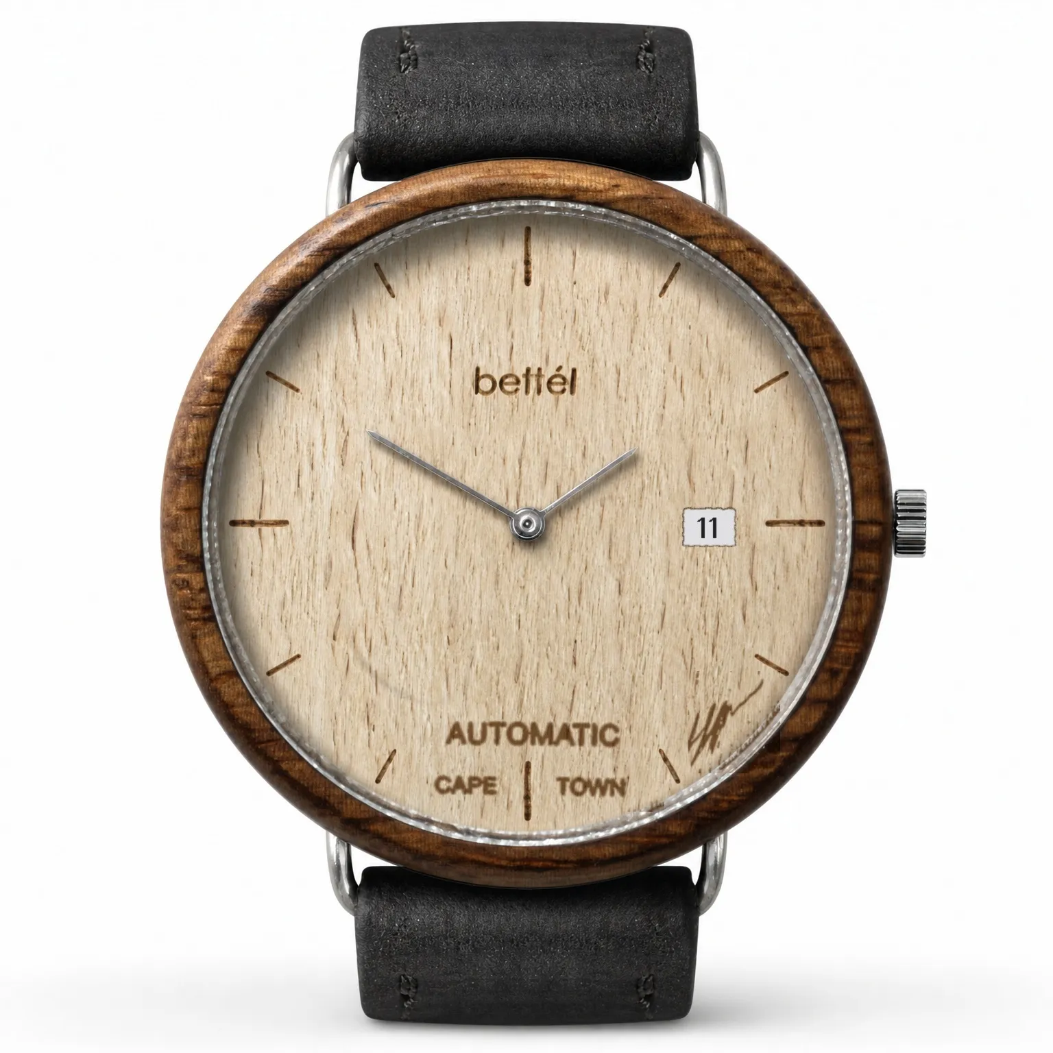 Albatross Automatic Date Beech, silver metal, black strap — handmade wooden watch by Bettél