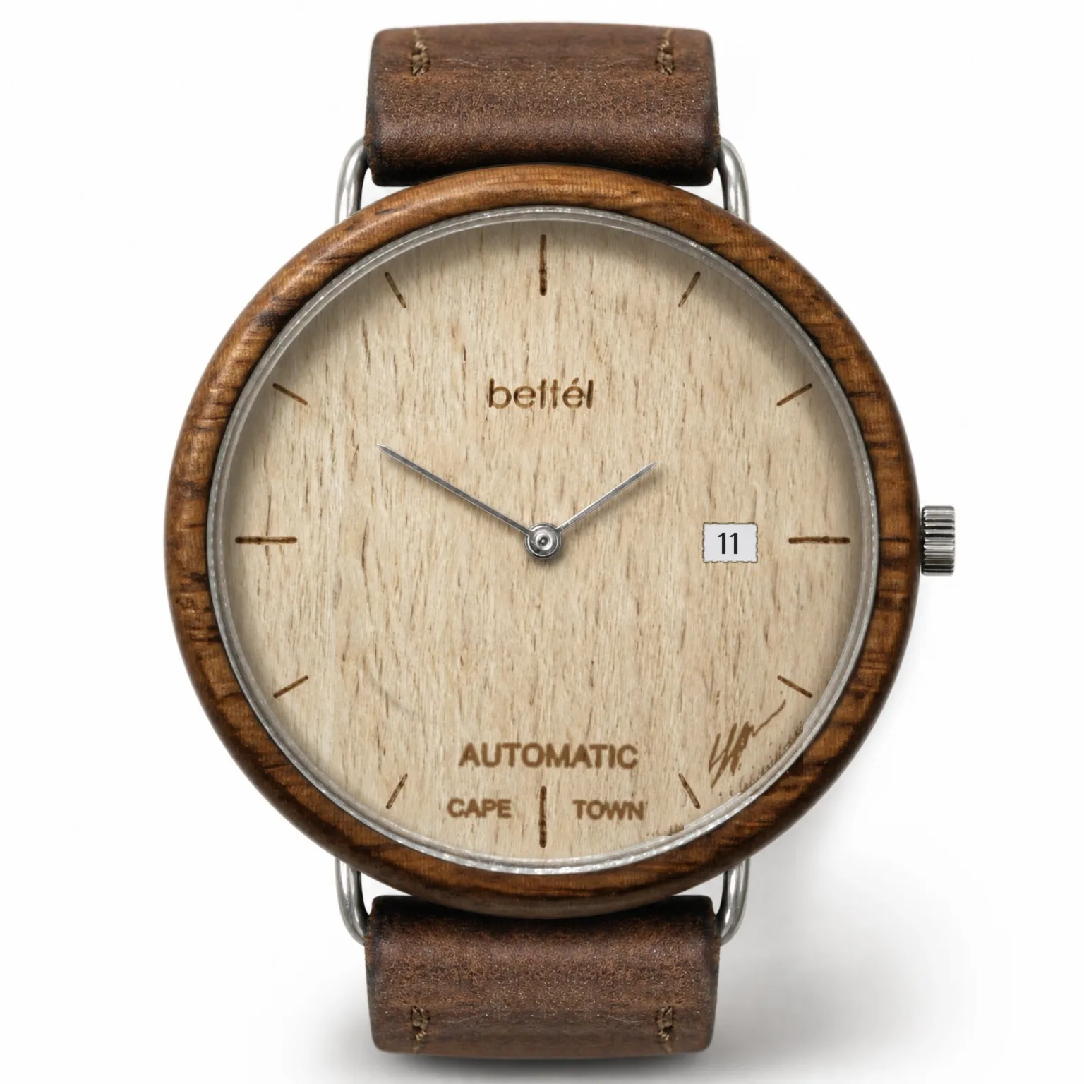 Albatross Automatic Date Beech, silver metal, brown strap — handmade wooden watch by Bettél