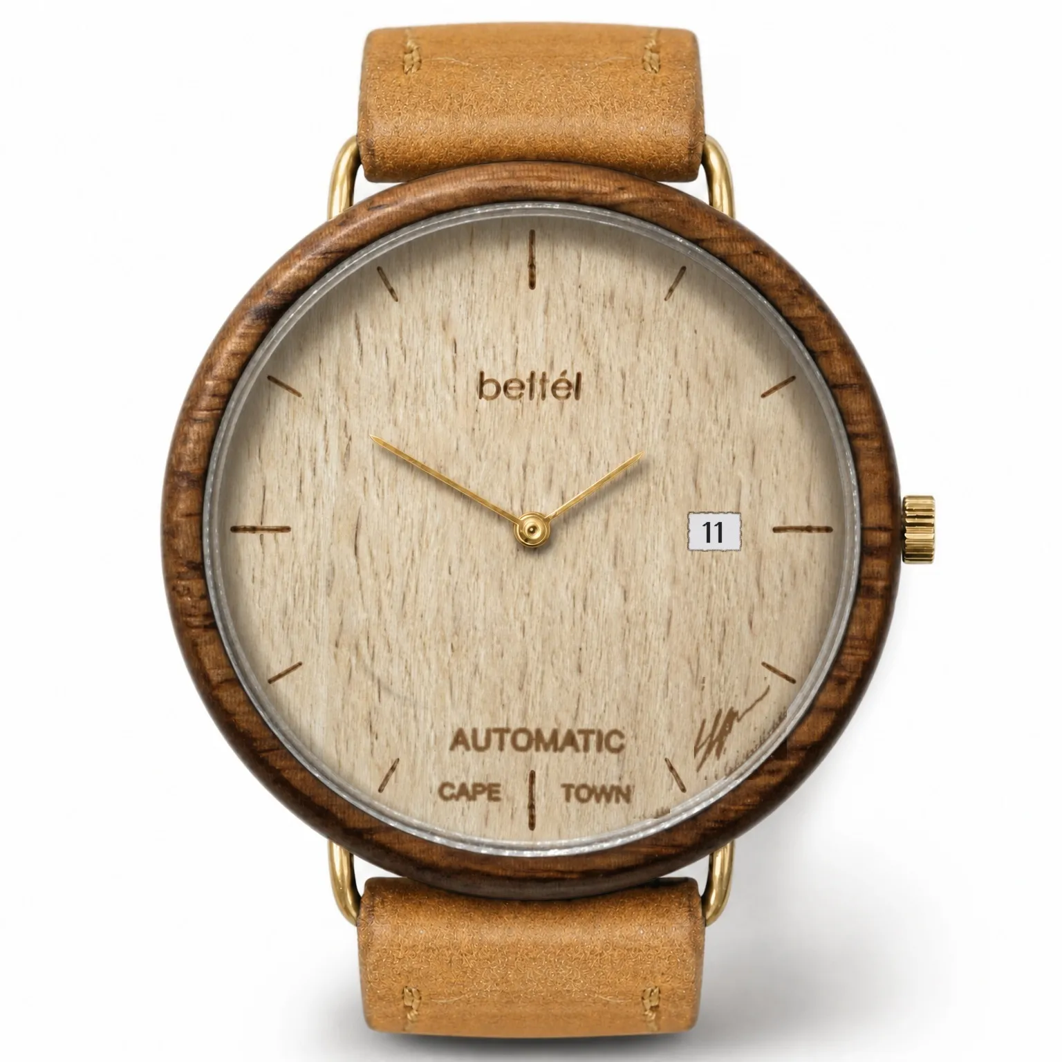 Albatross Automatic Date Beech, gold metal, tan strap — handmade wooden watch by Bettél