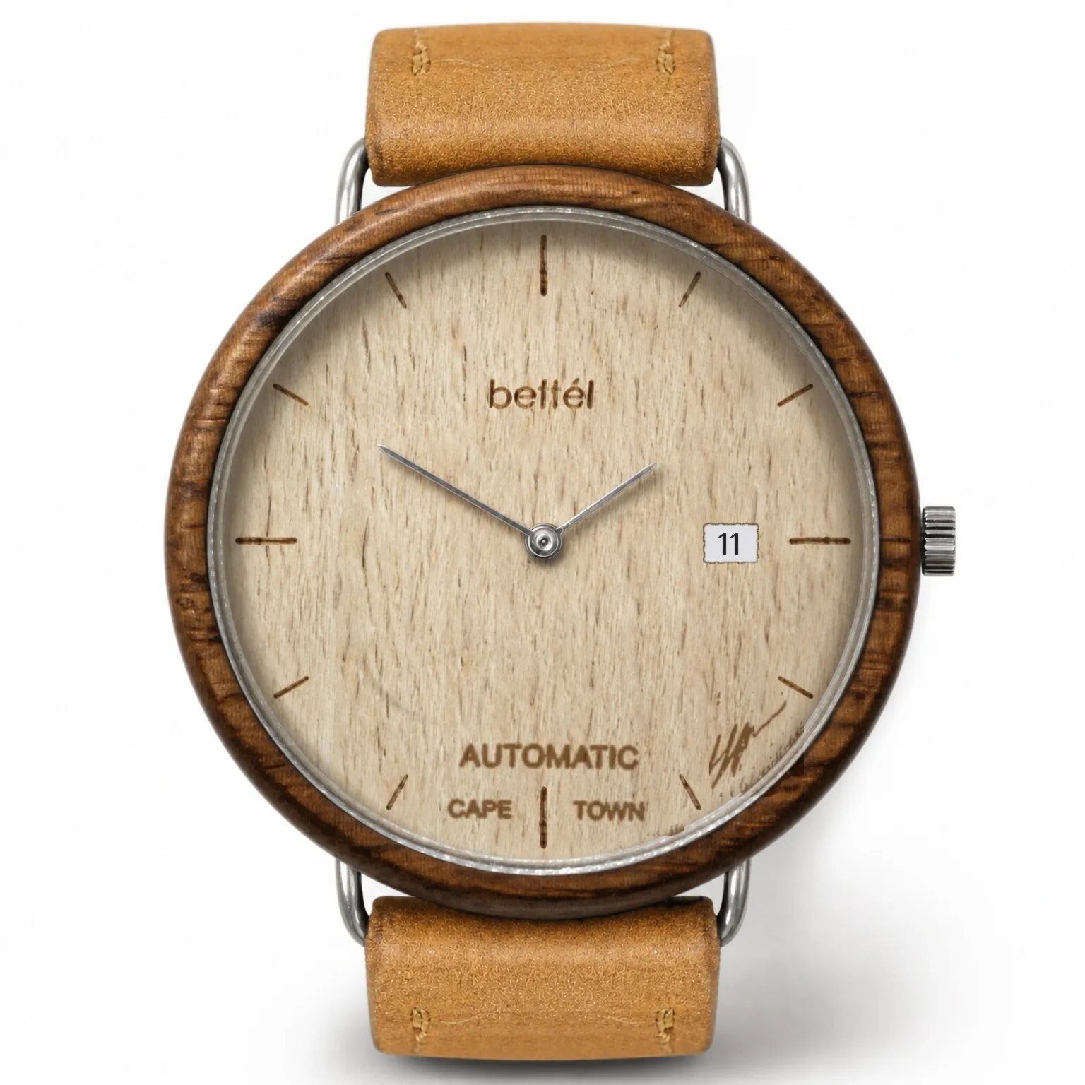Albatross Automatic Date Beech, silver metal, tan strap — handmade wooden watch by Bettél