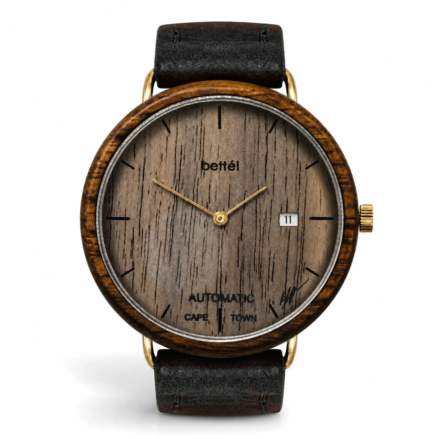 Albatross Automatic Date, gold metal, black strap — handmade wooden watch by Bettél