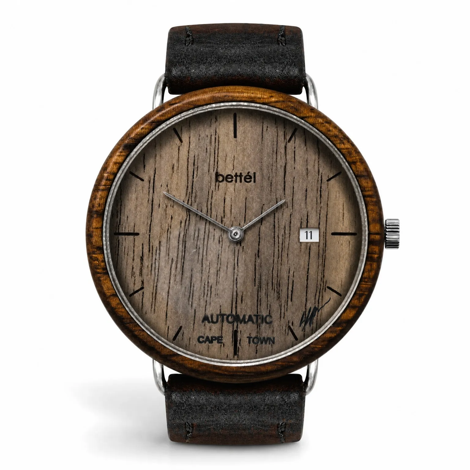 Albatross Automatic Date, silver metal, black strap — handmade wooden watch by Bettél