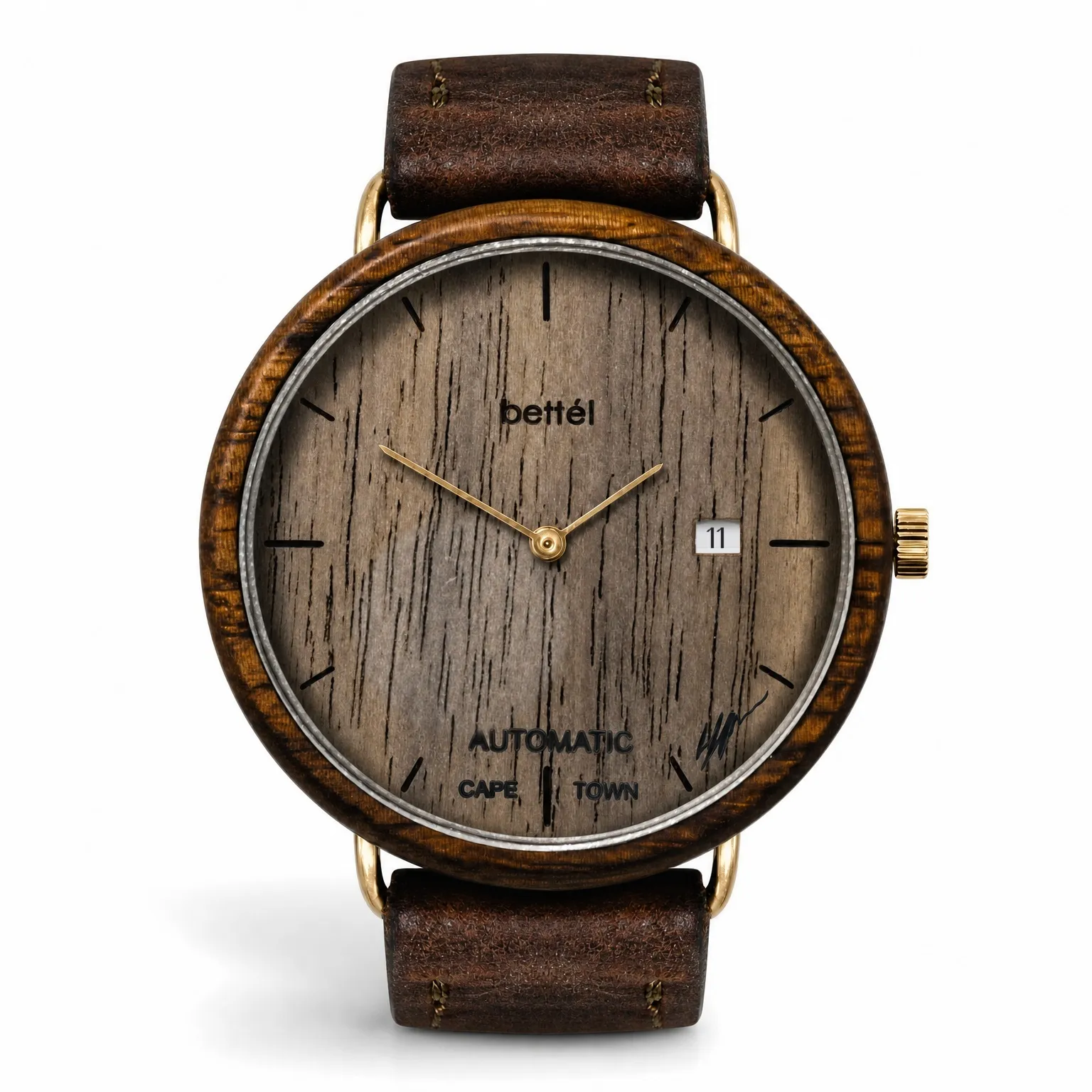 Albatross Automatic Date, gold metal, brown strap — handmade wooden watch by Bettél