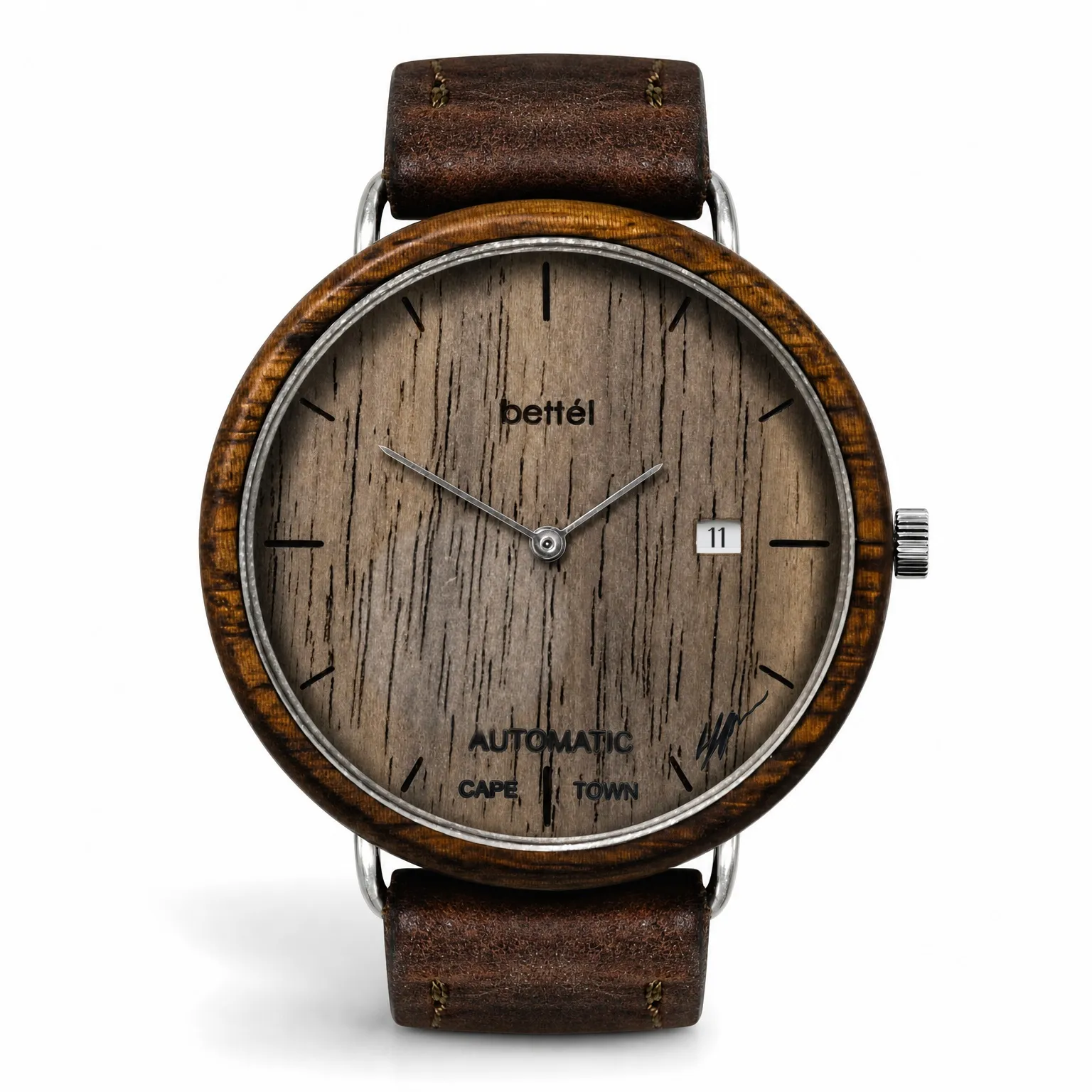 Albatross Automatic Date, silver metal, brown strap — handmade wooden watch by Bettél