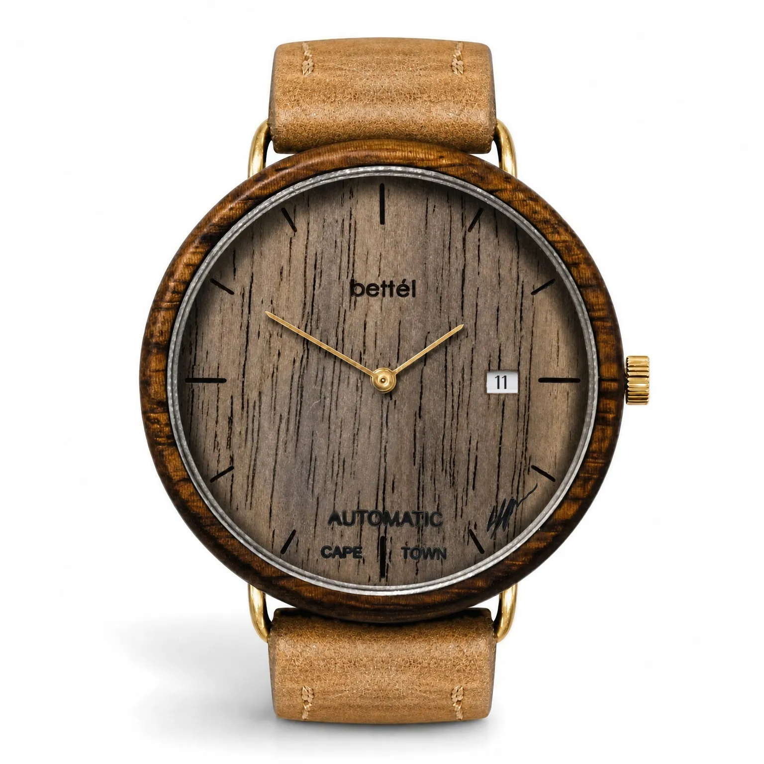 Albatross Automatic Date, gold metal, tan strap — handmade wooden watch by Bettél