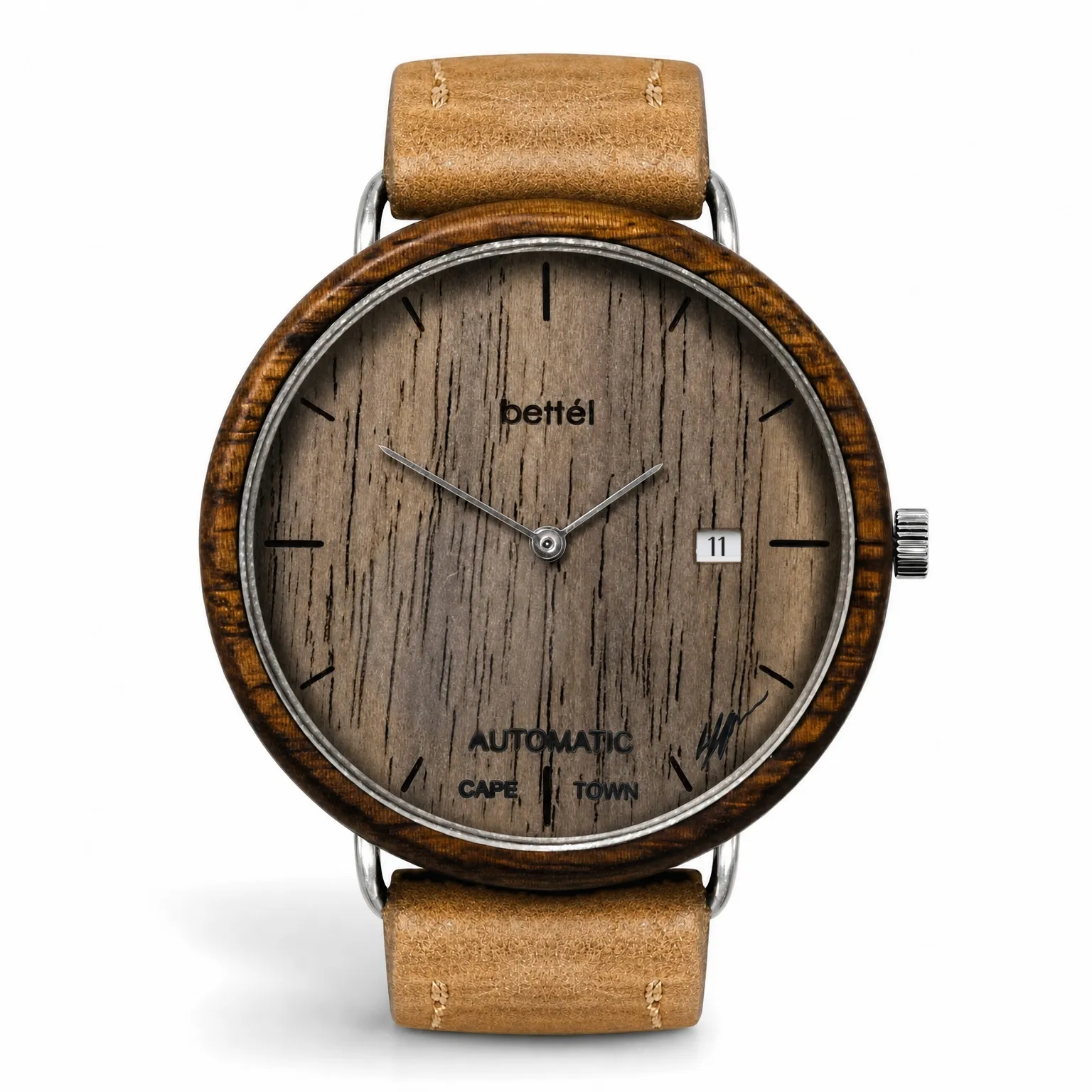 Albatross Automatic Date, silver metal, tan strap — handmade wooden watch by Bettél
