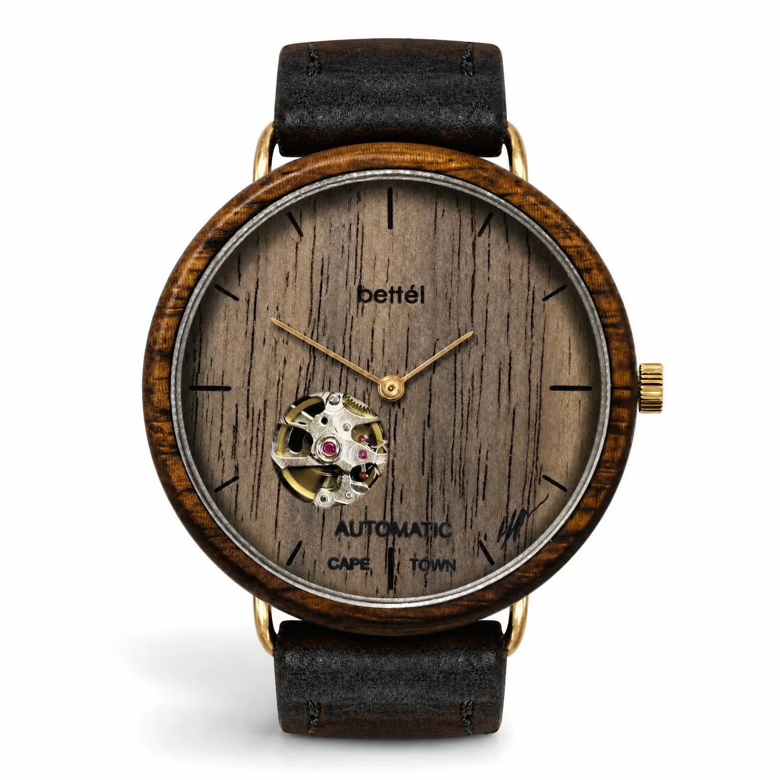 Albatross Automatic Walnut, gold metal, black strap — handmade wooden watch by Bettél