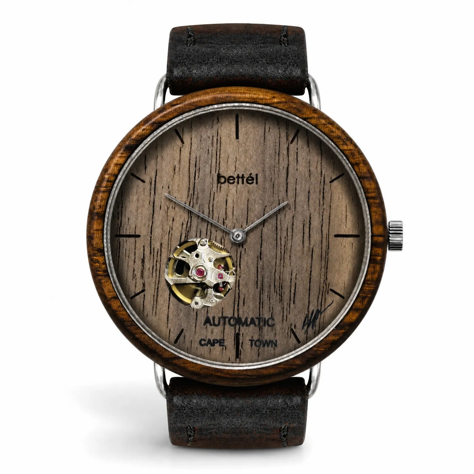 Albatross Automatic Walnut, silver metal, black strap — handmade wooden watch by Bettél