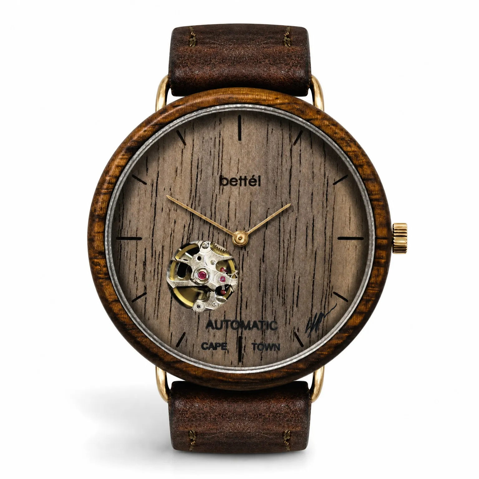 Albatross Automatic Walnut, gold metal, brown strap — handmade wooden watch by Bettél