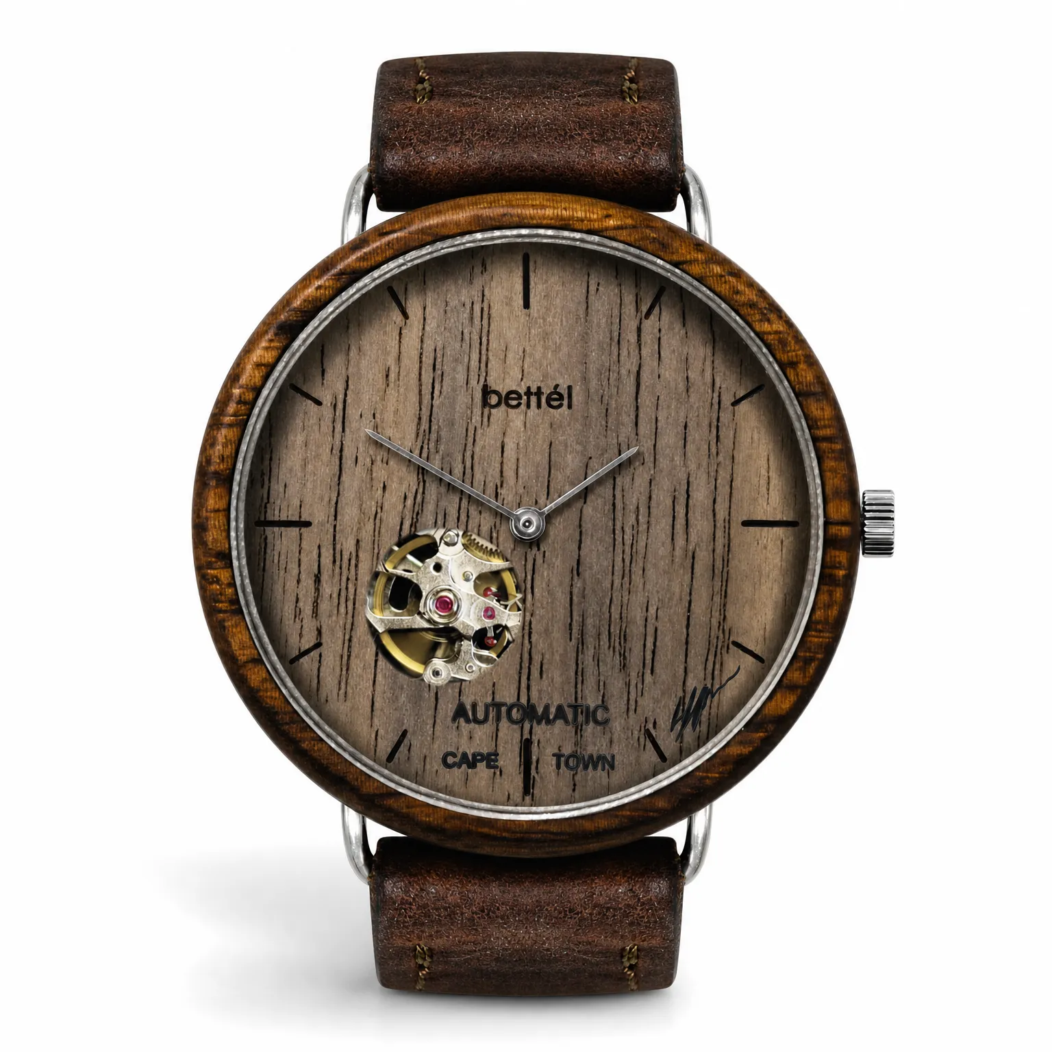 Albatross Automatic Walnut — 44 mm · Automatic skeleton · Walnut — handmade by Bettél in Cape Town