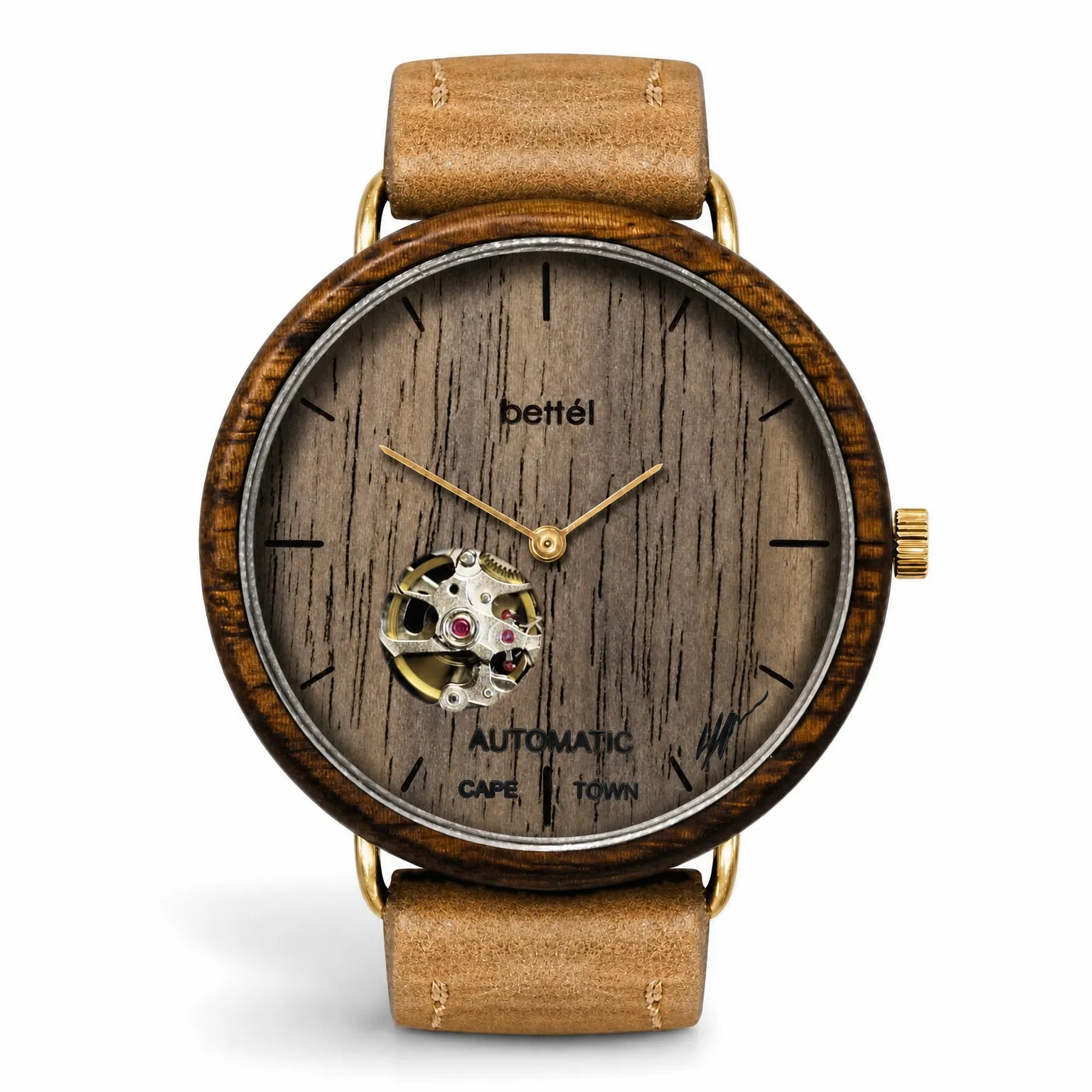 Albatross Automatic Walnut, gold metal, tan strap — handmade wooden watch by Bettél