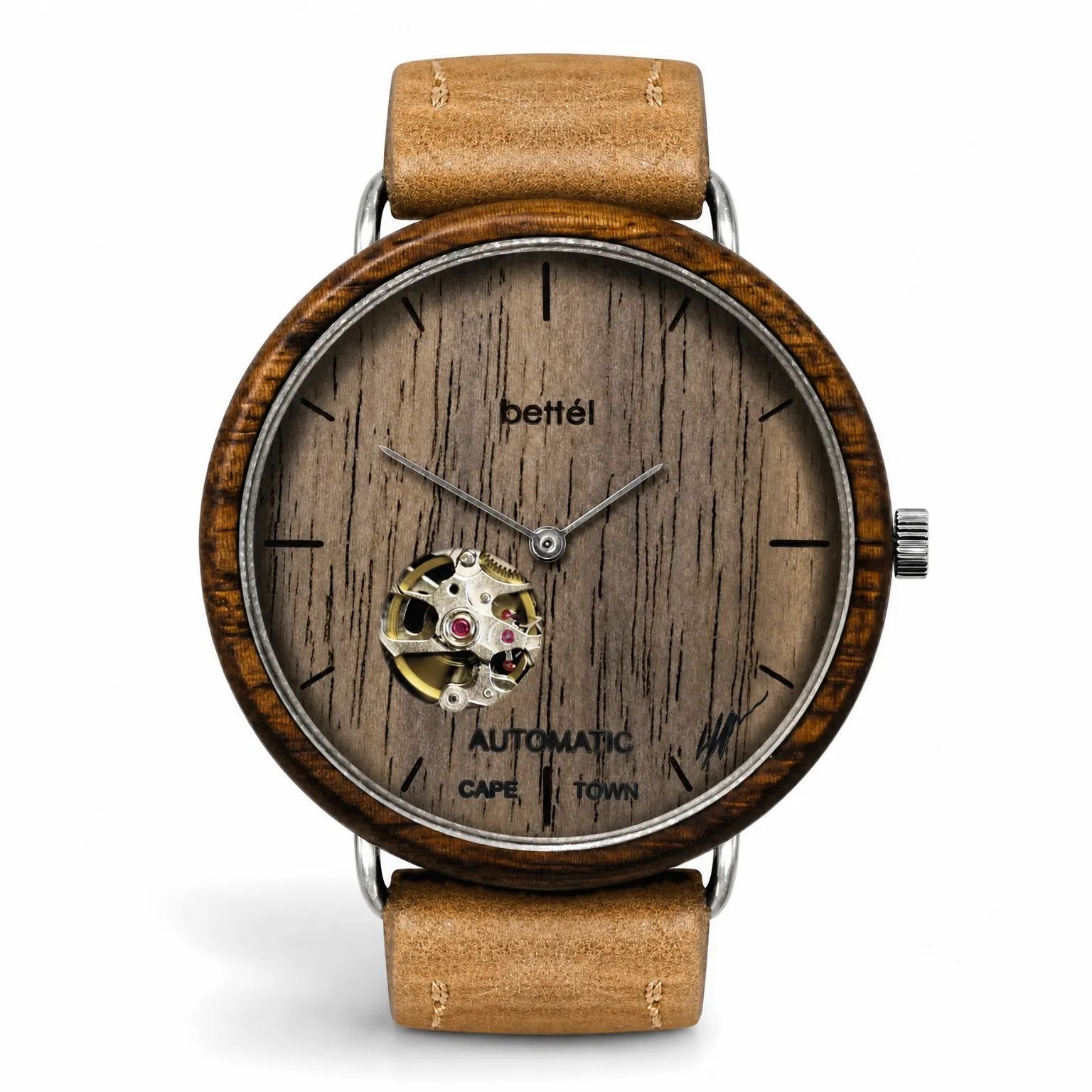 Albatross Automatic Walnut, silver metal, tan strap — handmade wooden watch by Bettél