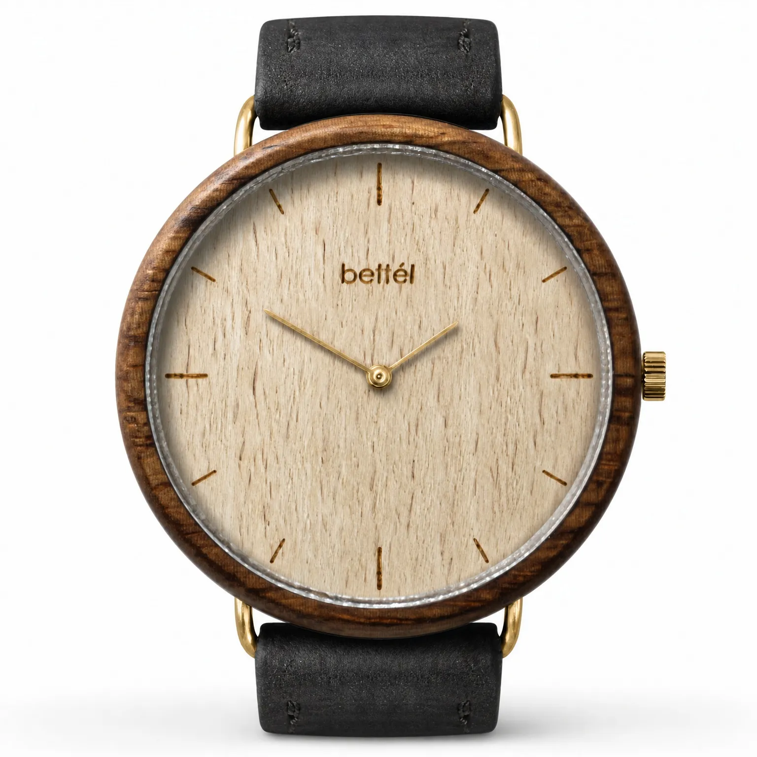 Albatross Beech, gold metal, black strap — handmade wooden watch by Bettél