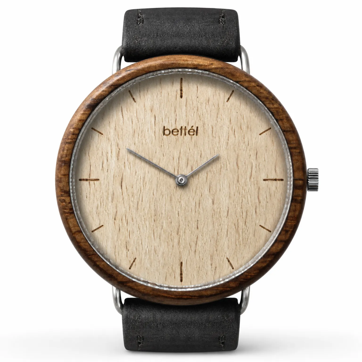 Albatross Beech, silver metal, black strap — handmade wooden watch by Bettél