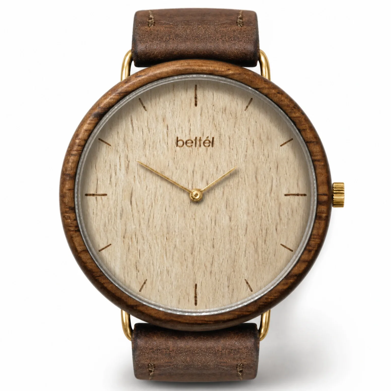 Albatross Beech, gold metal, brown strap — handmade wooden watch by Bettél