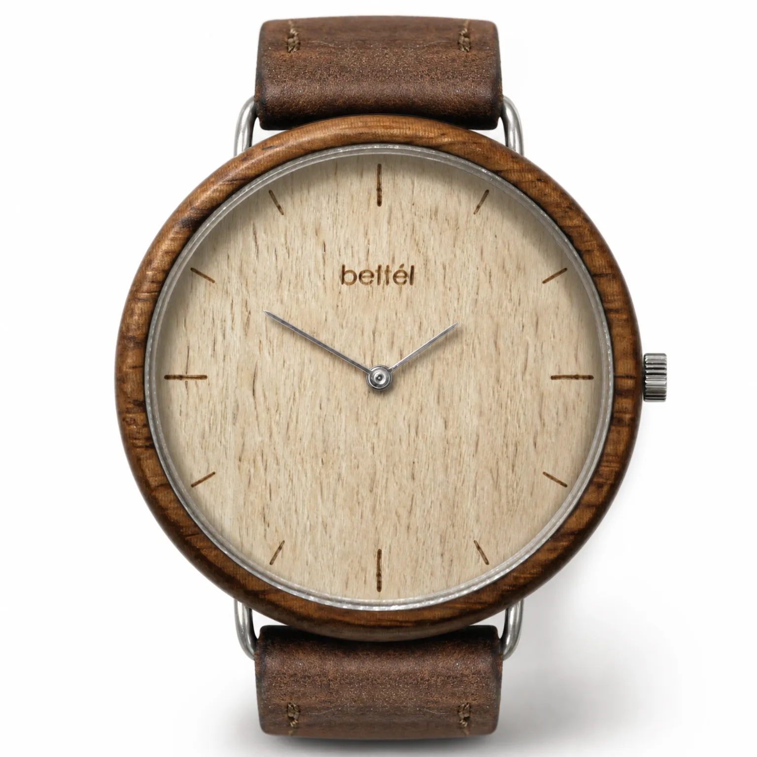 Albatross Beech, silver metal, brown strap — handmade wooden watch by Bettél