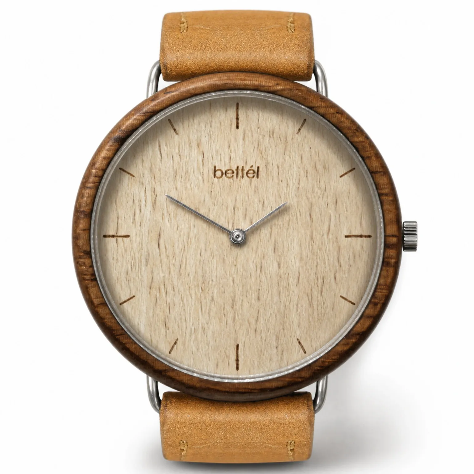 Albatross Beech, silver metal, tan strap — handmade wooden watch by Bettél