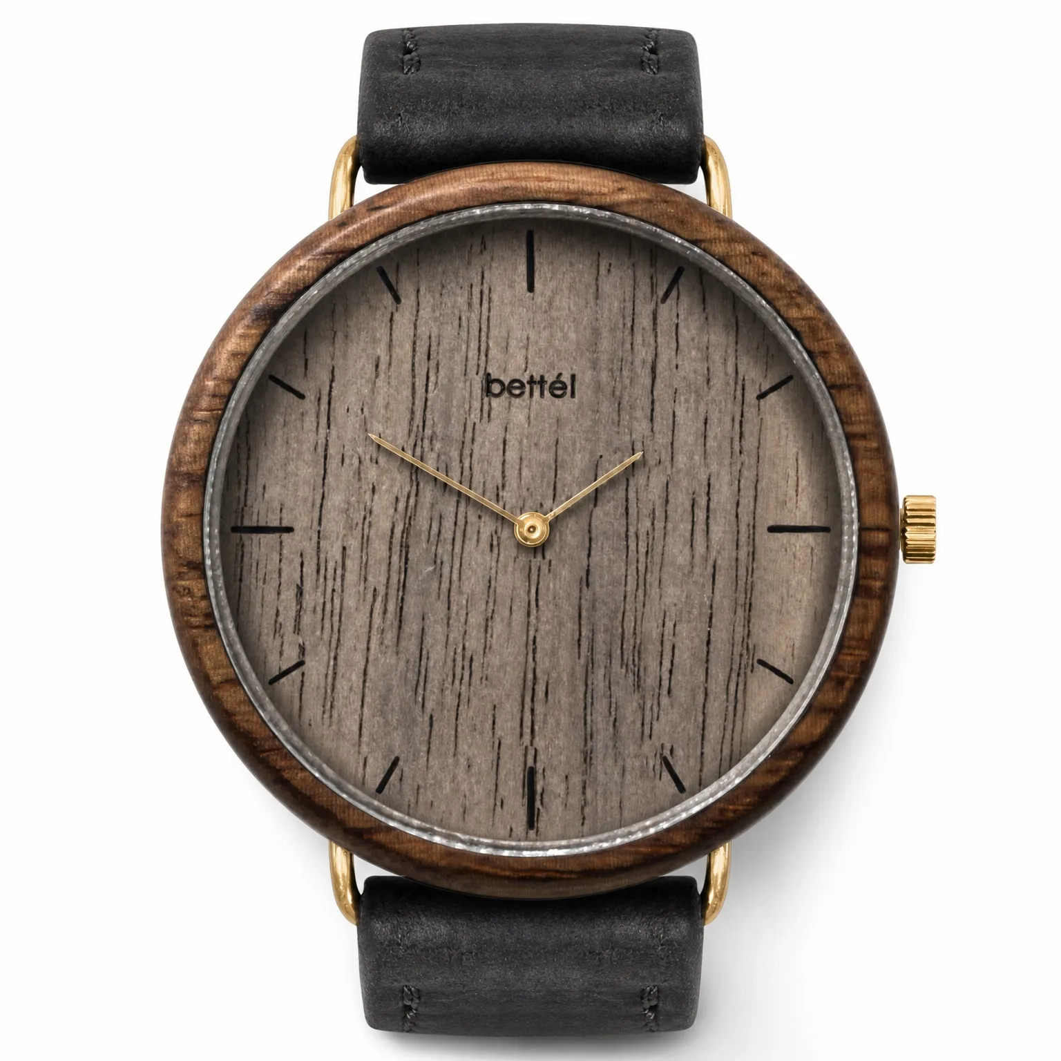 Albatross Walnut, gold metal, black strap — handmade wooden watch by Bettél