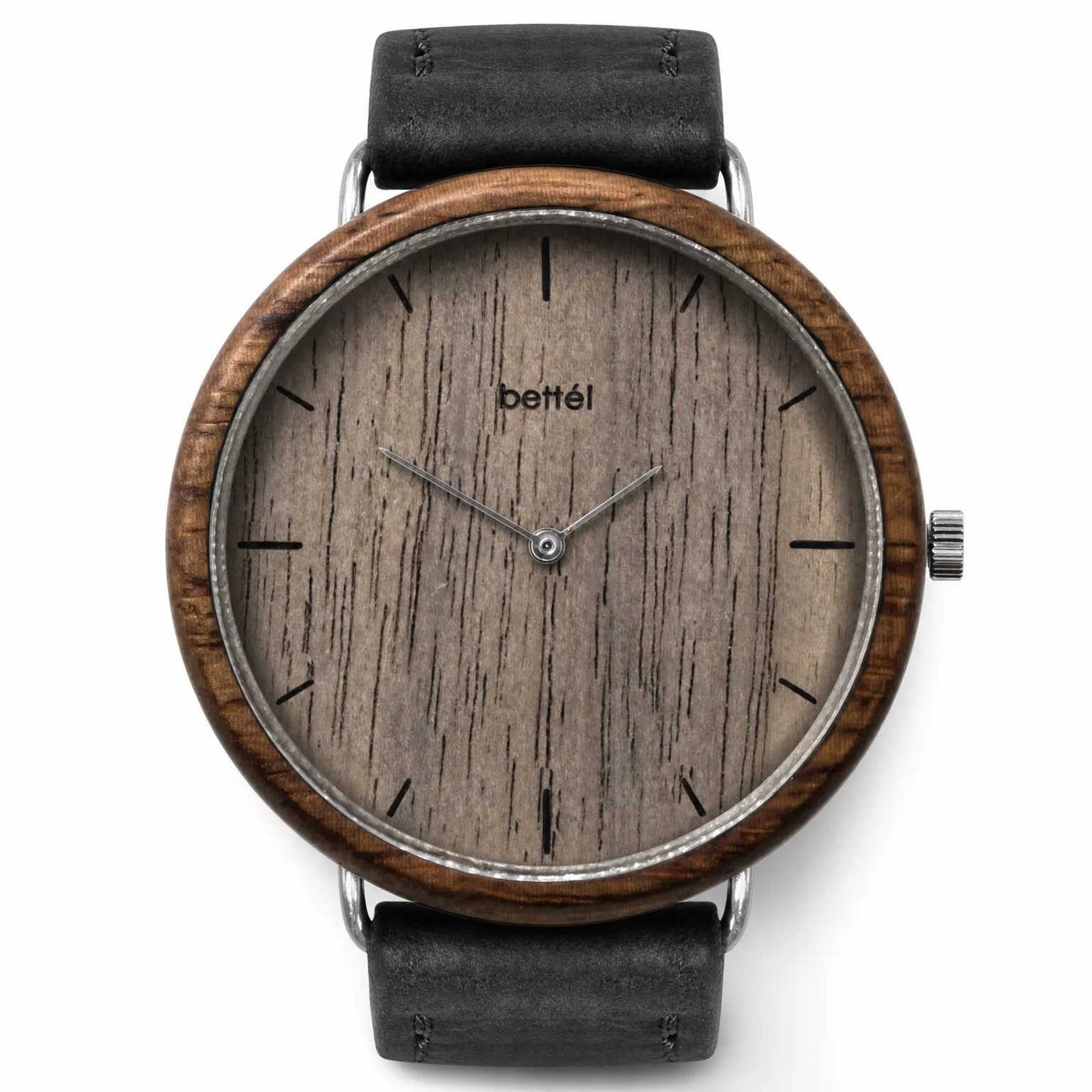 Albatross Walnut, silver metal, black strap — handmade wooden watch by Bettél