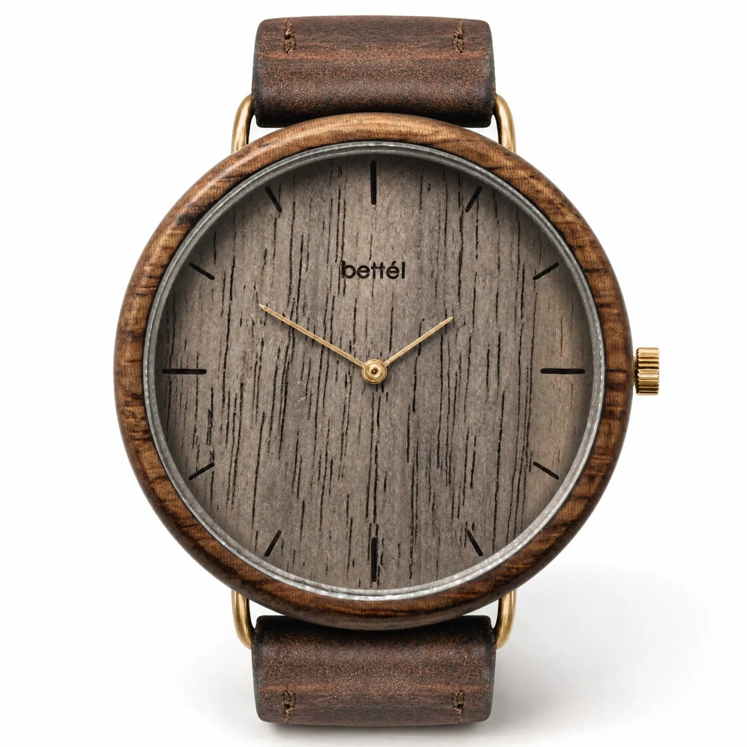 Albatross Walnut, gold metal, brown strap — handmade wooden watch by Bettél