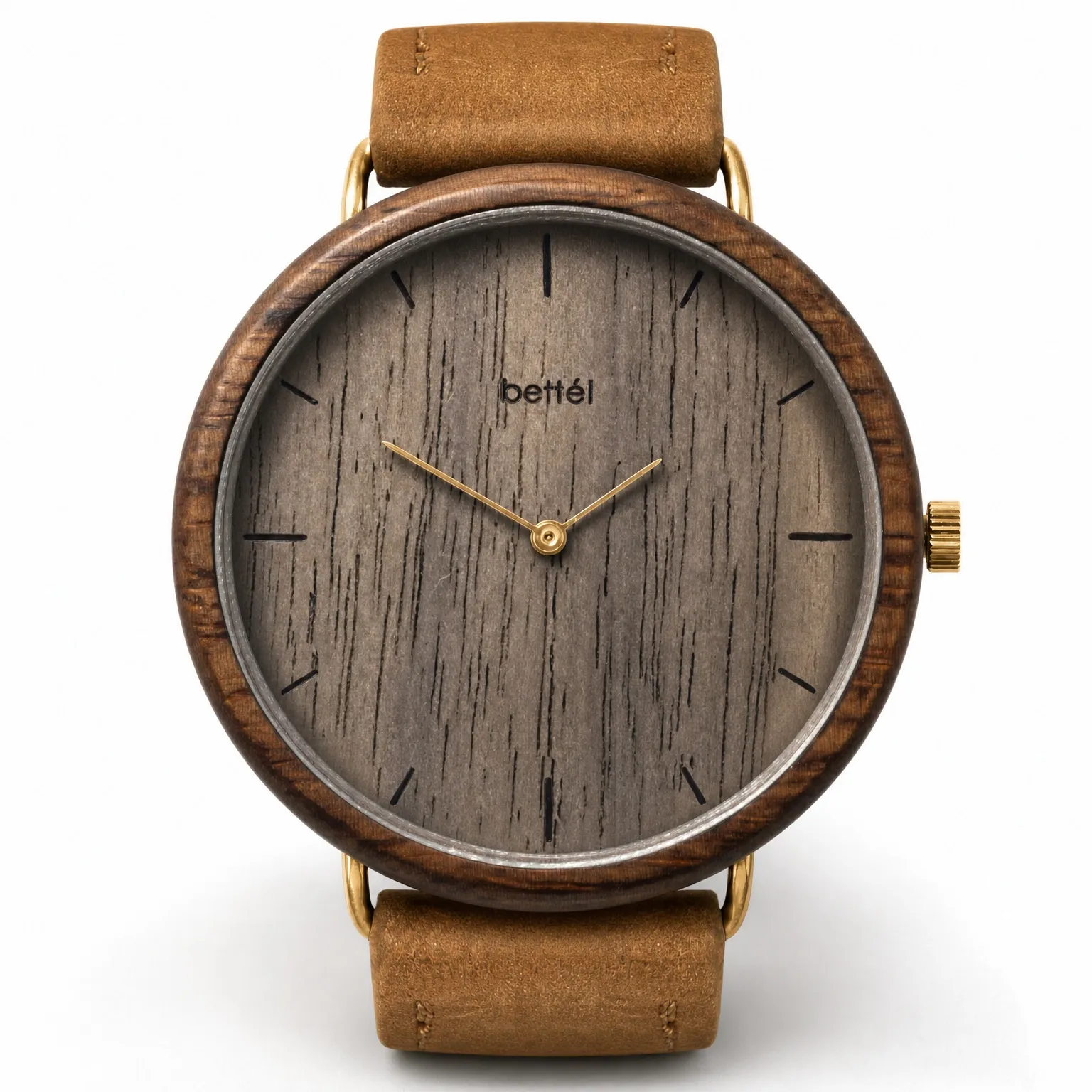 Albatross Walnut, gold metal, tan strap — handmade wooden watch by Bettél
