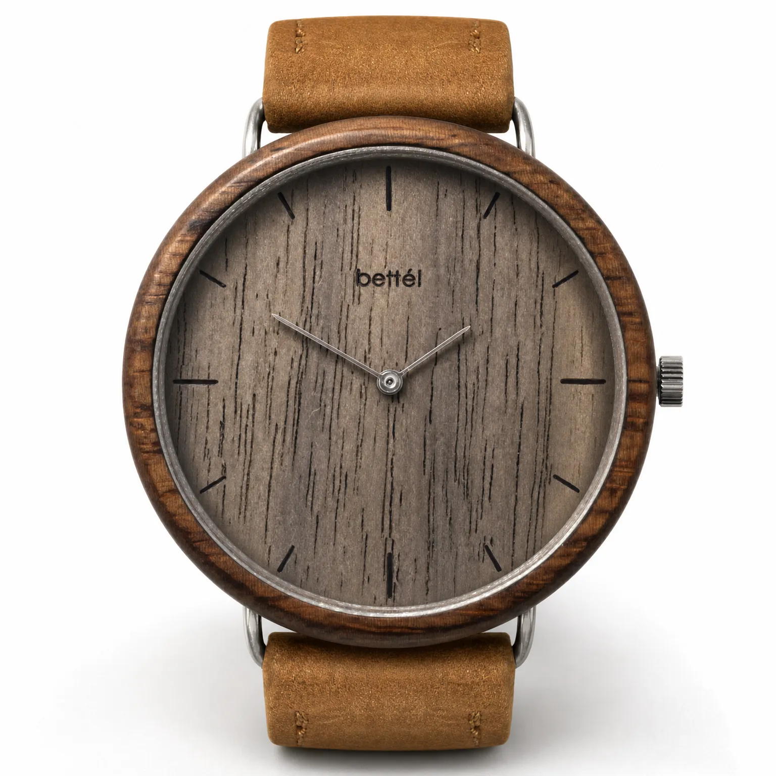 Albatross Walnut, silver metal, tan strap — handmade wooden watch by Bettél