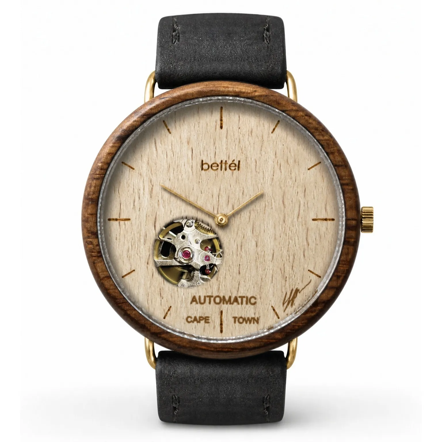 The Automatic 40mm Beech, gold metal, black strap — handmade wooden watch by Bettél