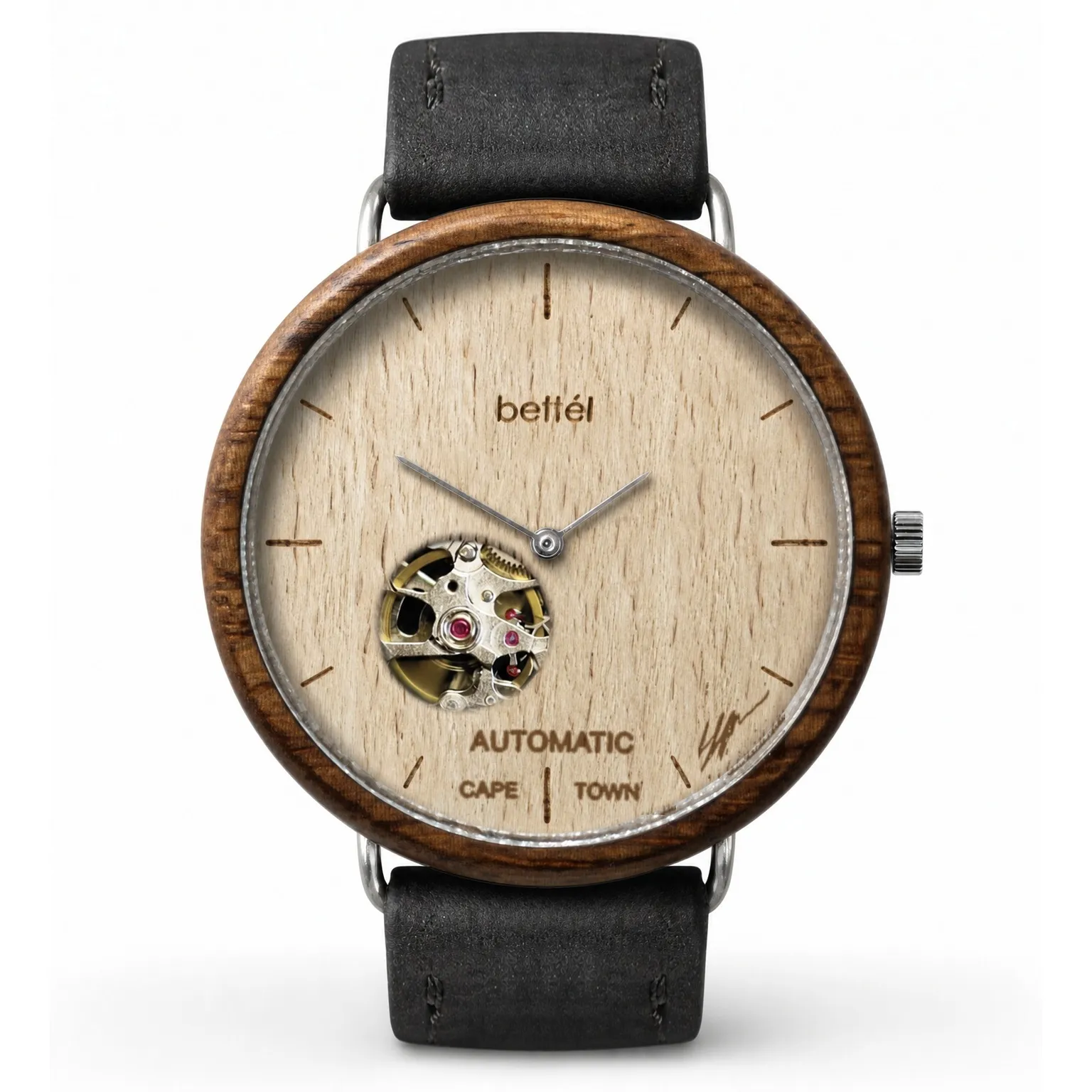 The Automatic 40mm Beech, silver metal, black strap — handmade wooden watch by Bettél