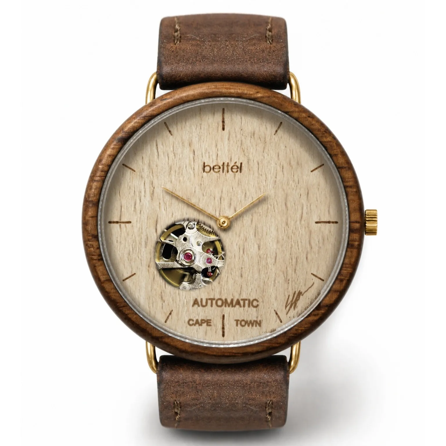 The Automatic 40mm Beech, gold metal, brown strap — handmade wooden watch by Bettél
