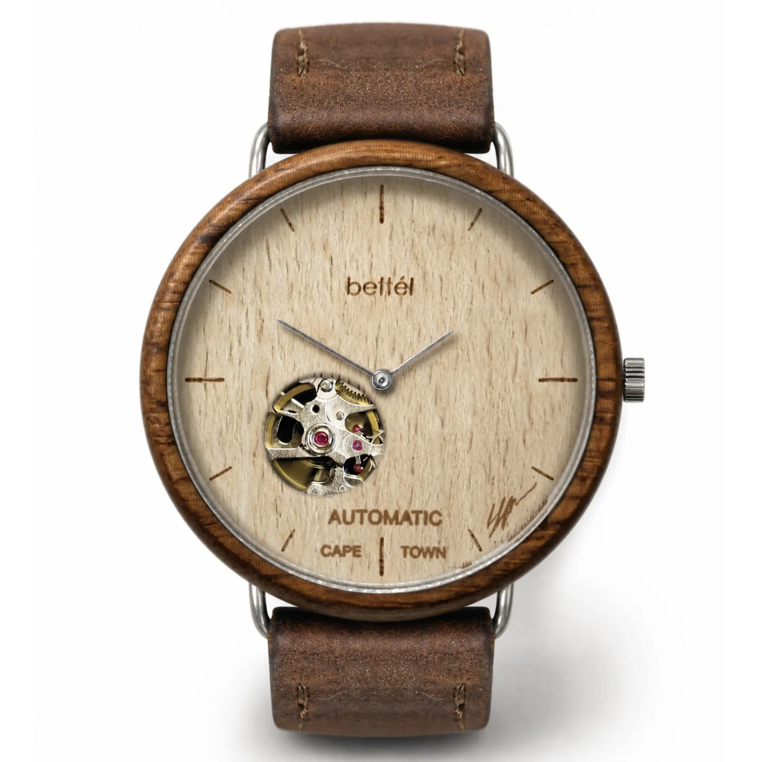 The Automatic 40mm Beech, silver metal, brown strap — handmade wooden watch by Bettél