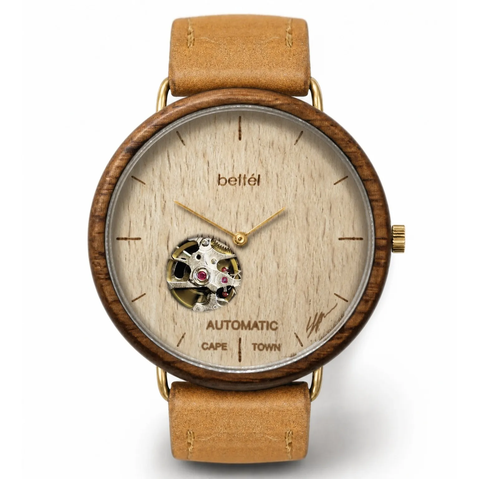 The Automatic 40mm Beech, gold metal, tan strap — handmade wooden watch by Bettél