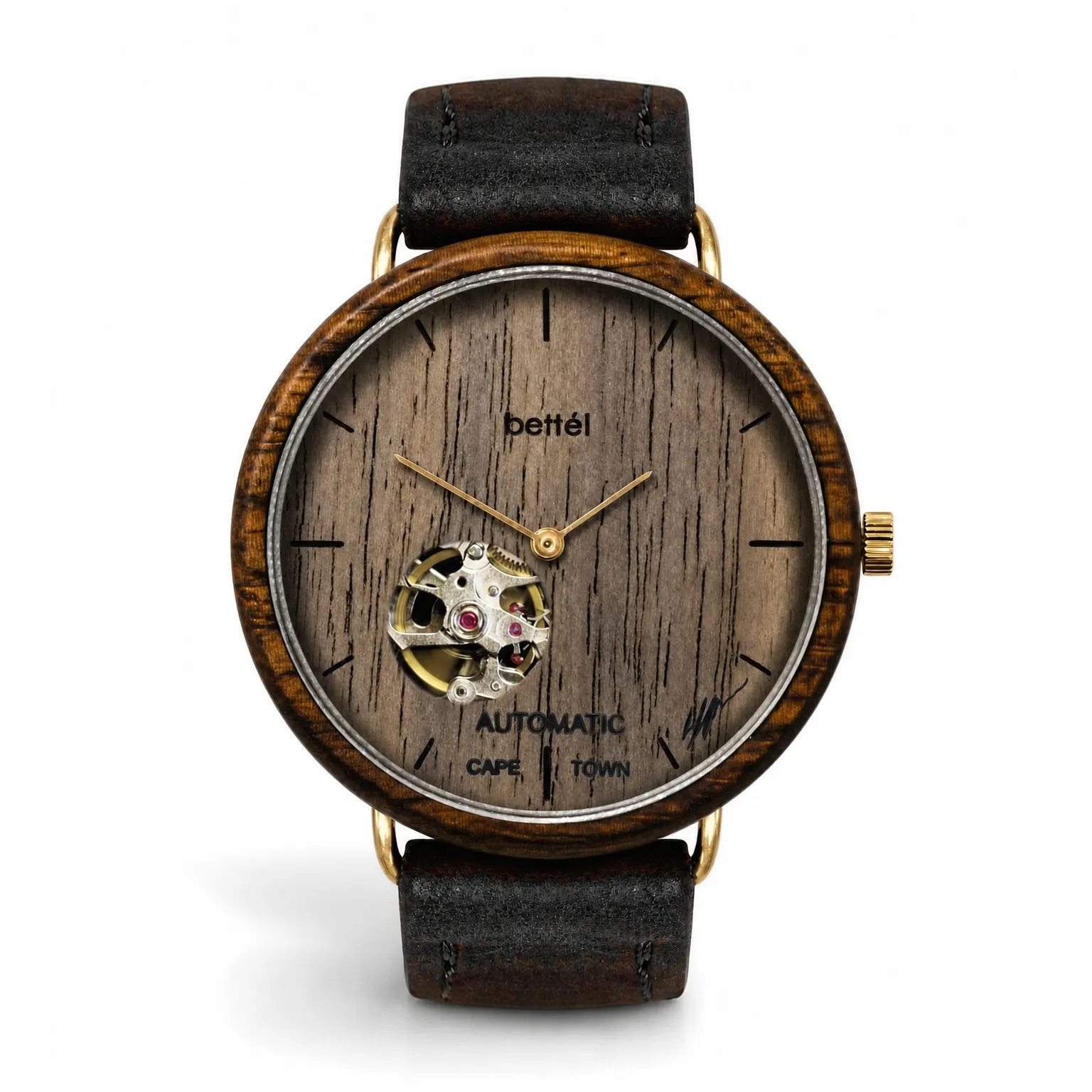 The Automatic 40mm Walnut, gold metal, black strap — handmade wooden watch by Bettél