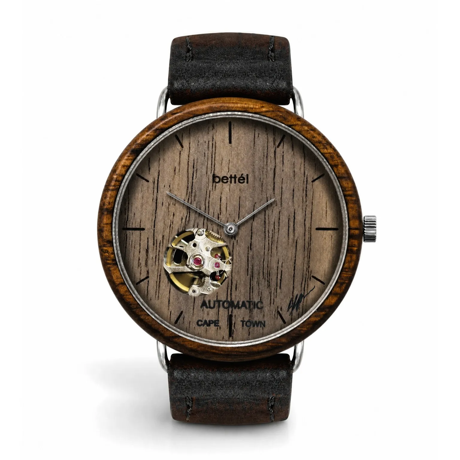 The Automatic 40mm Walnut, silver metal, black strap — handmade wooden watch by Bettél